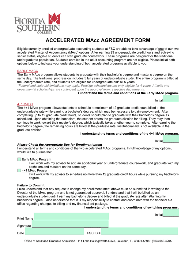 Accelerated MAcc Agreement Form screenshot