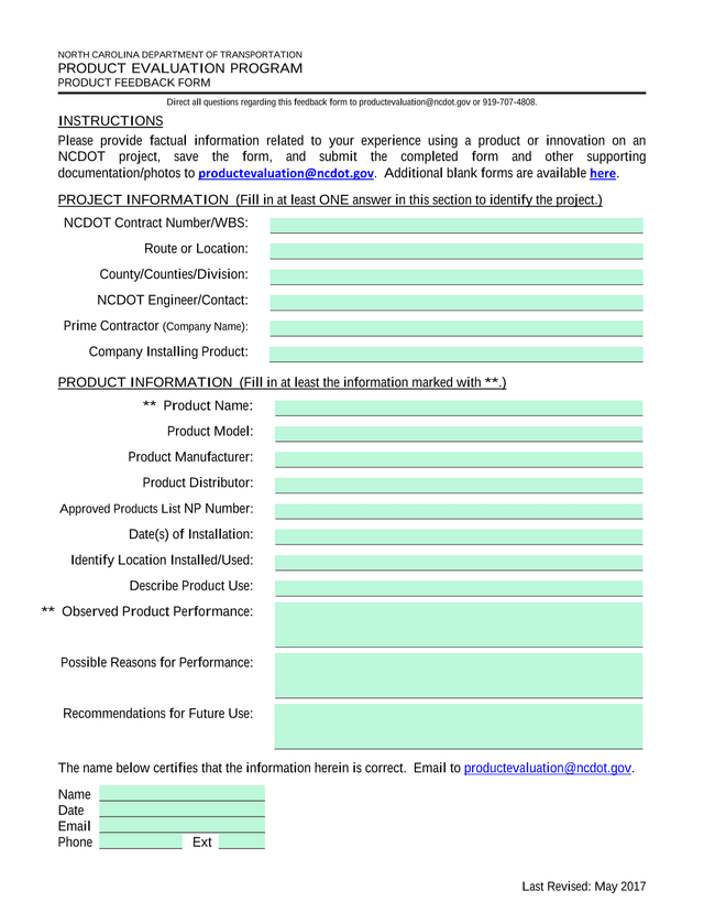 NCDOT Product Evaluation Program Product Feedback Form screenshot