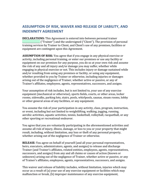 Assumption Of Risk, Waiver And Release Of Liability, And Indemnity Agreement screenshot