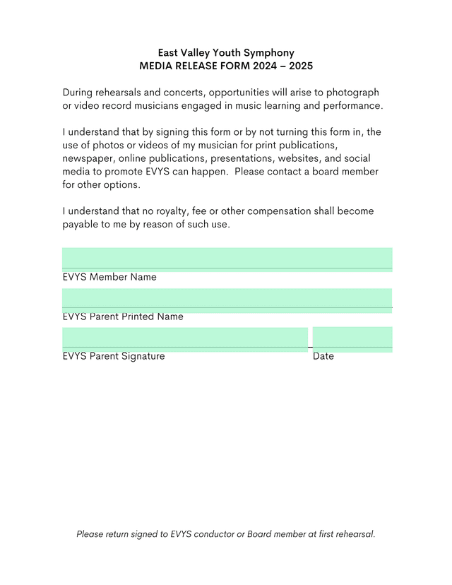 East Valley Youth Symphony Media Release Form 2024  2025 screenshot