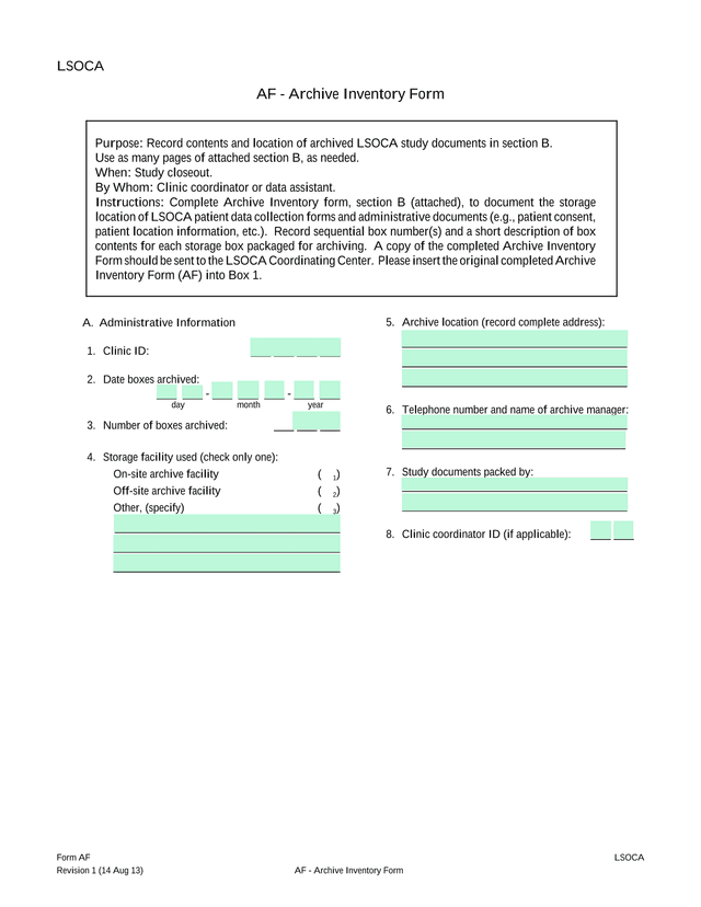 LSOCA Archive Inventory Form (AF) screenshot