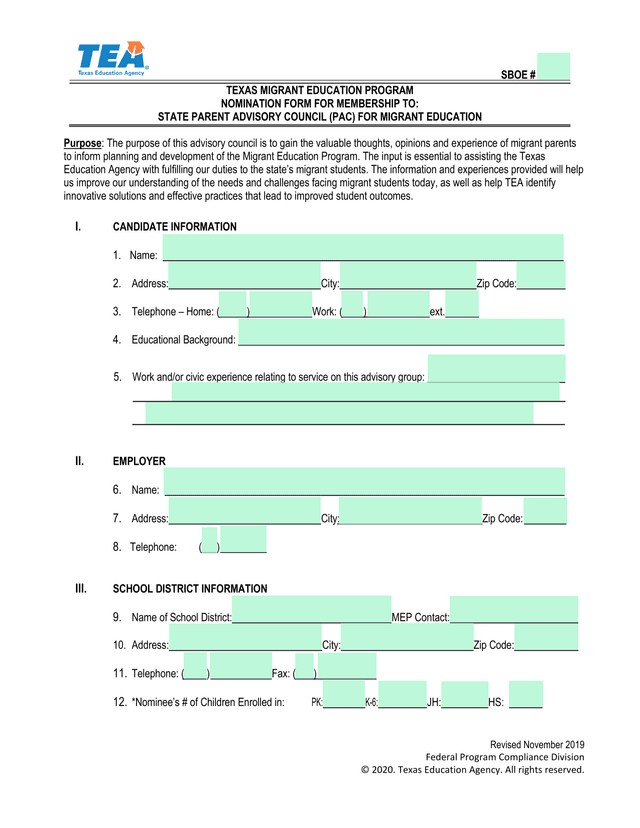 Texas Migrant Education Program Nomination Form For State Parent Advisory Council (PAC) screenshot