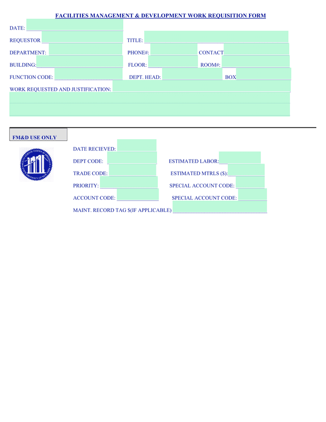 Facilities Management  Development Work Requisition Form screenshot
