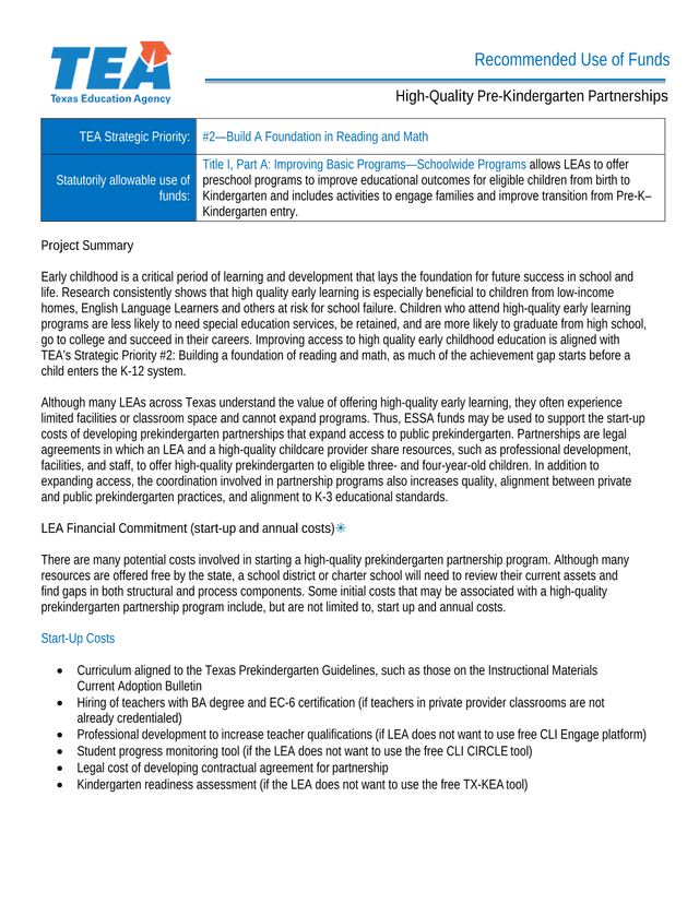 Recommended Use Of Funds High Quality Pre Kindergarten Partnerships screenshot