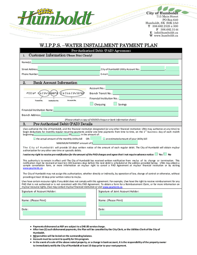 W.I.P.P.S. WATER INSTALLMENT PAYMENT PLAN Pre Authorized Debit (PAD) Agreement screenshot