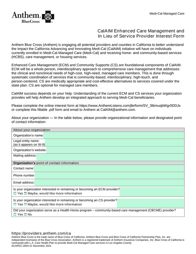 CalAIM Enhanced Care Management And In Lieu Of Service Provider Interest Form screenshot