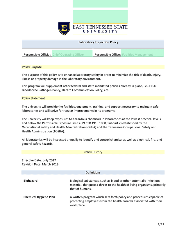 Laboratory Inspection Policy screenshot
