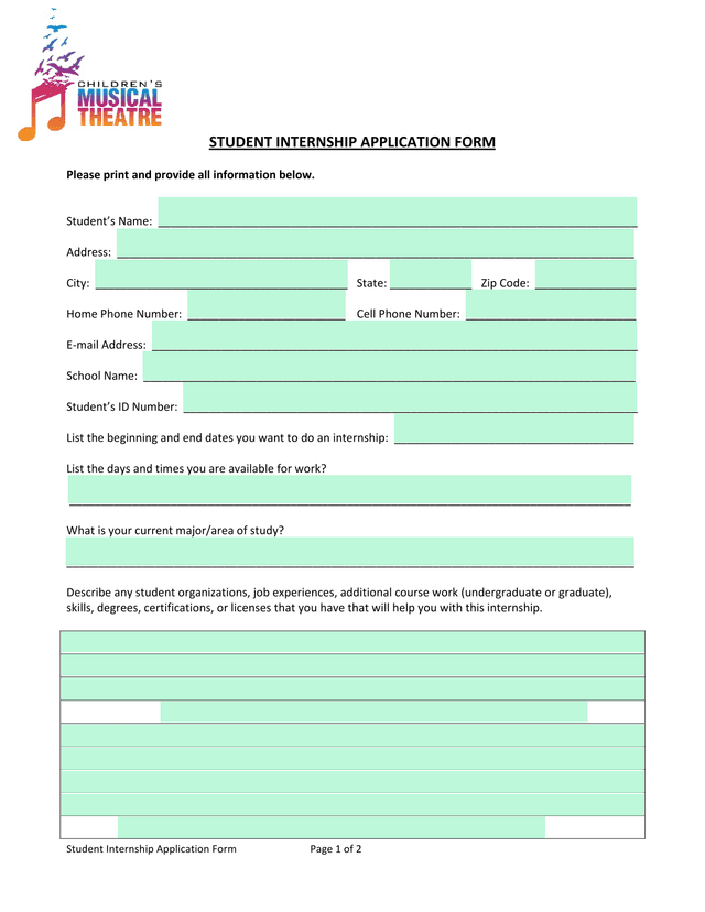 Student Internship Application Form screenshot