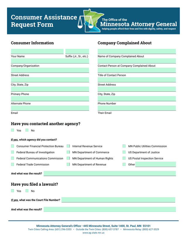 Consumer Assistance Request Form screenshot