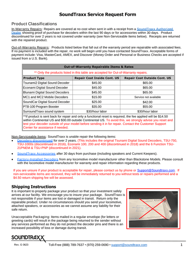 SoundTraxx Service Request Form screenshot