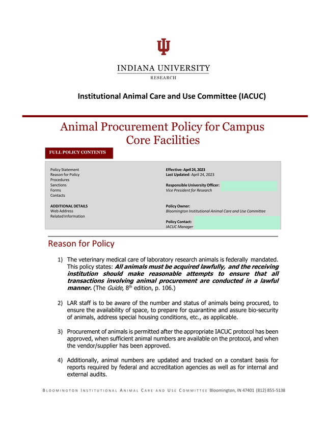 Animal Procurement Policy For Campus Core Facilities screenshot