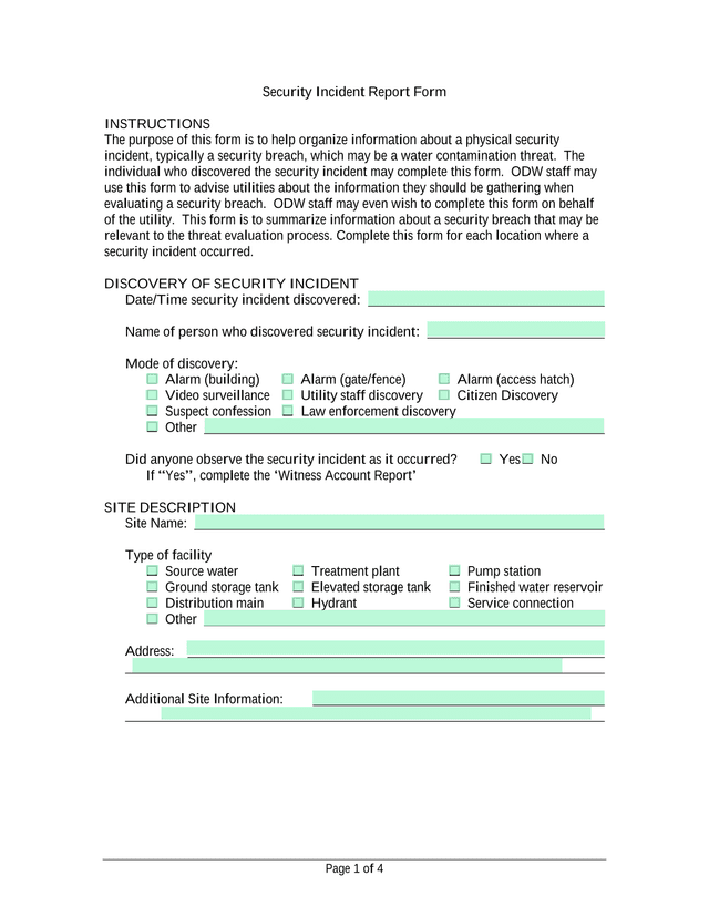 Security Incident Report Form screenshot