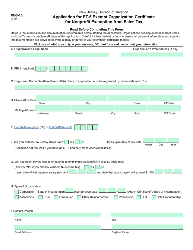REG 1E Application For ST 5 Exempt Organization Certificate For Nonprofit Exemption From Sales Tax screenshot