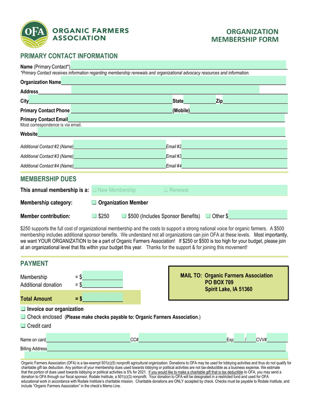 ORGANIZATION MEMBERSHIP FORM screenshot