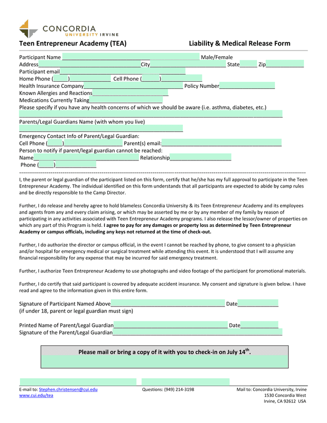 Teen Entrepreneur Academy (TEA) Liability  Medical Release Form screenshot