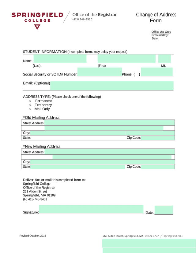 Change Of Address Form screenshot