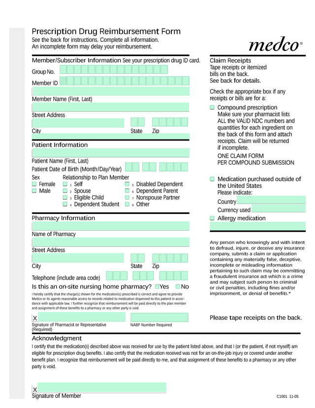 Prescription Drug Reimbursement Form screenshot