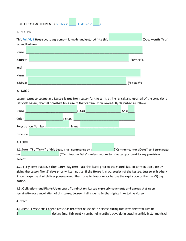 Horse Lease Agreement screenshot