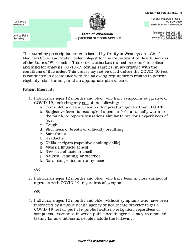 COVID 19 Testing Standing Prescription Order screenshot