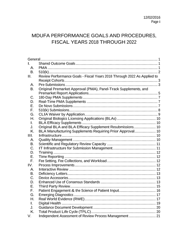 MDUFA PERFORMANCE GOALS AND PROCEDURES, FISCAL YEARS 2018 THROUGH 2022 screenshot