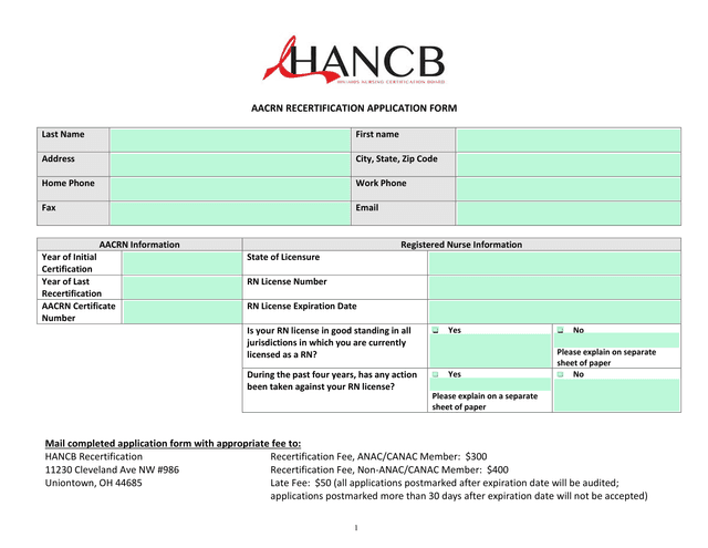 AACRN Recertification Application Form screenshot