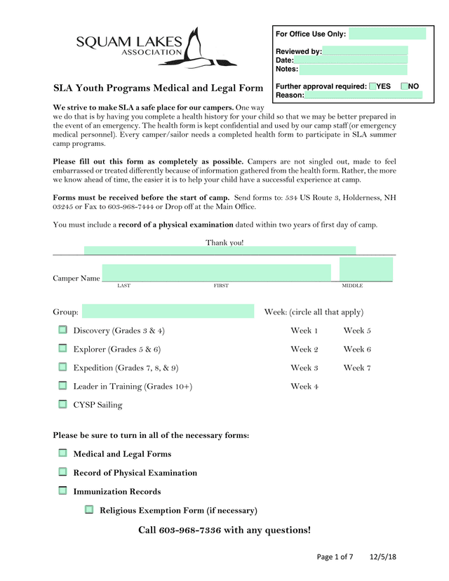 SLA Youth Programs Medical And Legal Form screenshot
