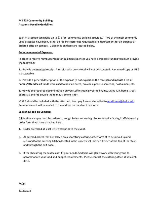 FYS 75 Community Building Accounts Payable Guidelines screenshot