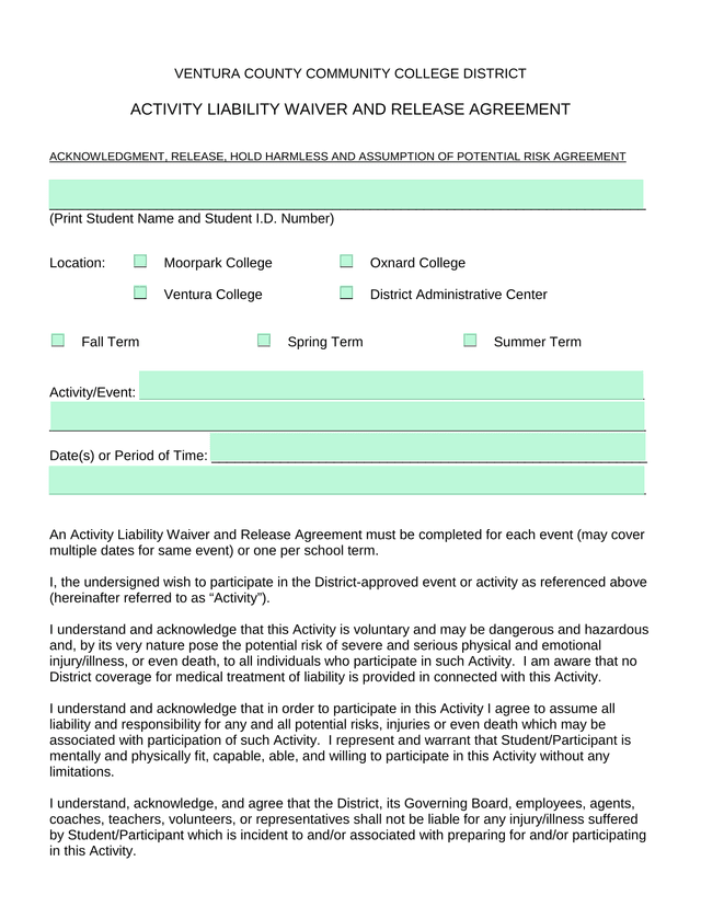 Activity Liability Waiver And Release Agreement screenshot