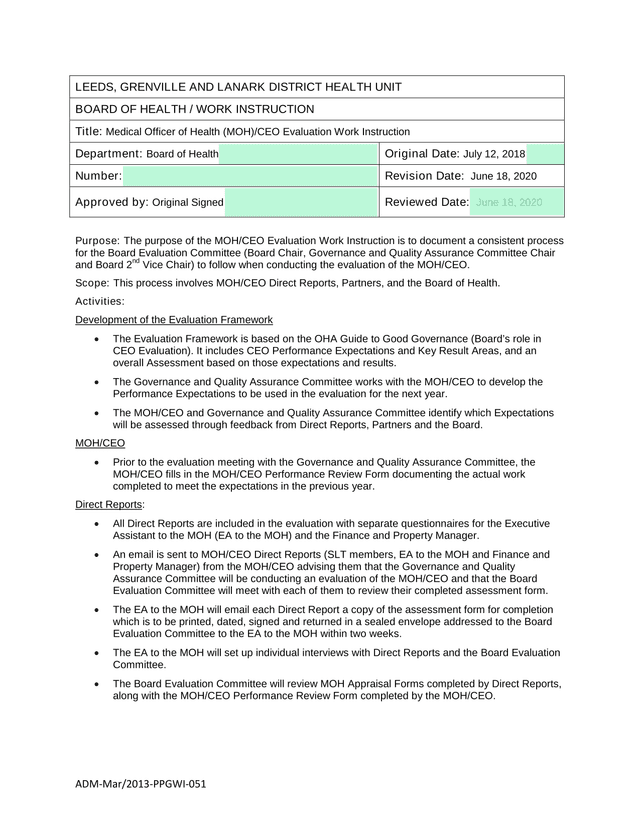 Medical Officer Of Health (MOH)CEO Evaluation Work Instruction screenshot