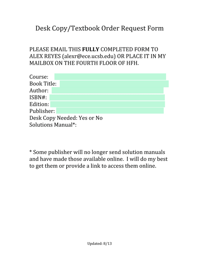 Desk CopyTextbook Order Request Form screenshot