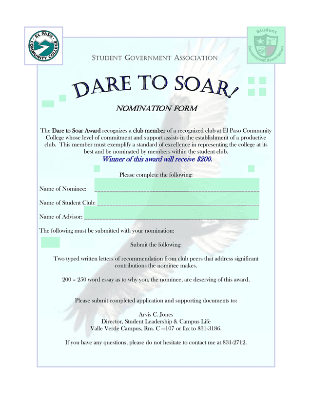 STUDENT GOVERNMENT ASSOCIATION NOMINATION FORM screenshot