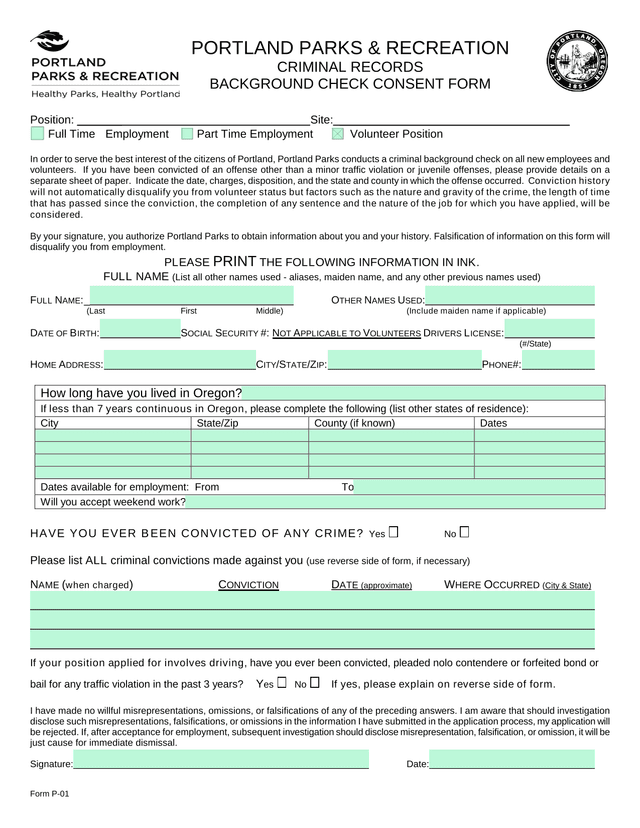 Criminal Records Background Check Consent Form screenshot