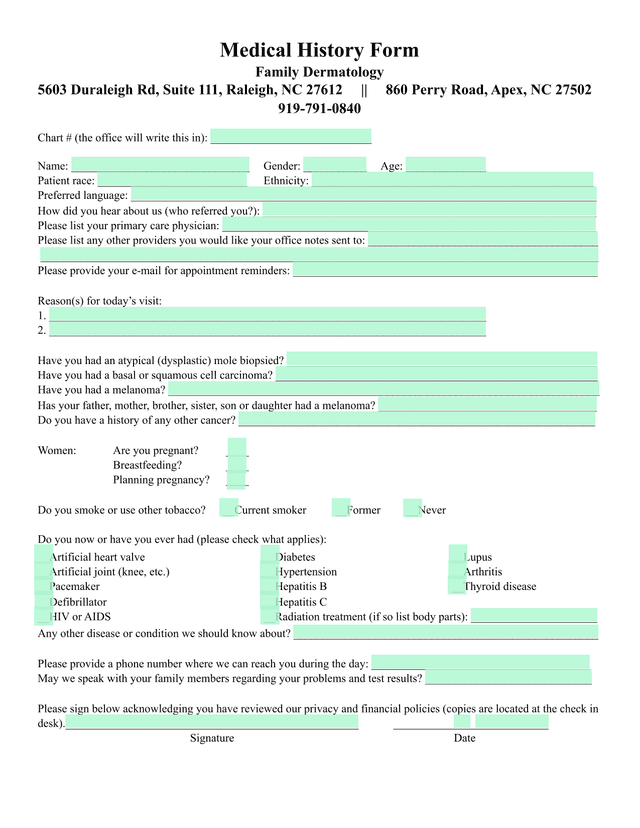 Medical History Form screenshot
