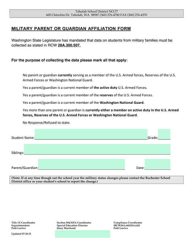 Military Parent Or Guardian Affiliation Form screenshot