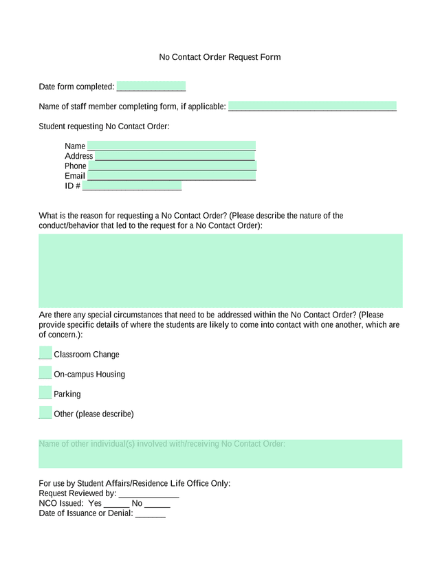 No Contact Order Request Form screenshot