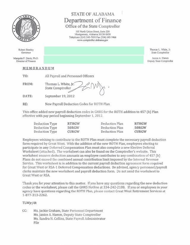 New Payroll Deduction Codes For ROTH Plan Memorandum screenshot