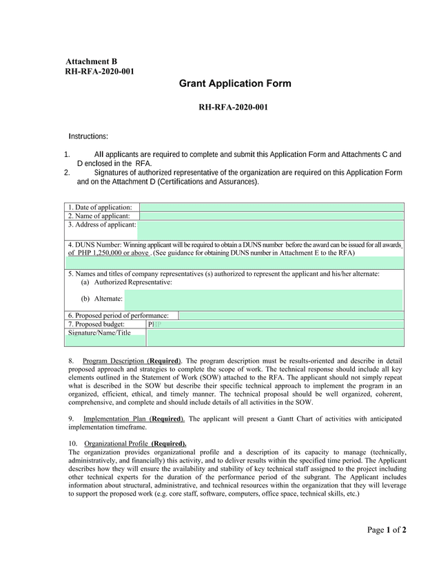 RH RFA 2020 001 Grant Application Form screenshot