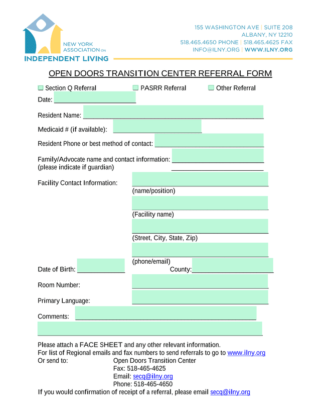 Open Doors Transition Center Referral Form screenshot