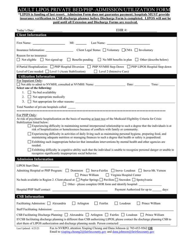 Adult LIPOS Private BedPHPAdmissionUtilization Form screenshot