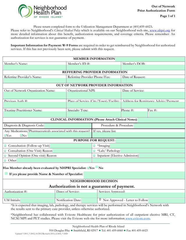 Out Of Network Prior Authorization Form screenshot