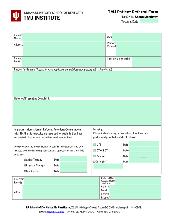 TMJ Patient Referral Form screenshot