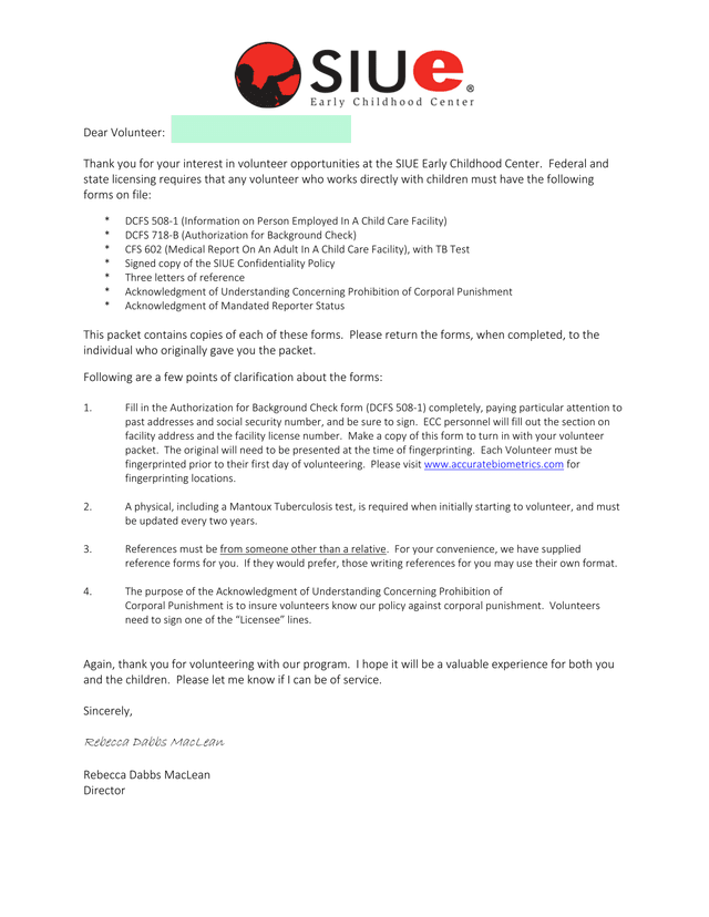 SIUE Early Childhood Center Volunteer Application Packet screenshot