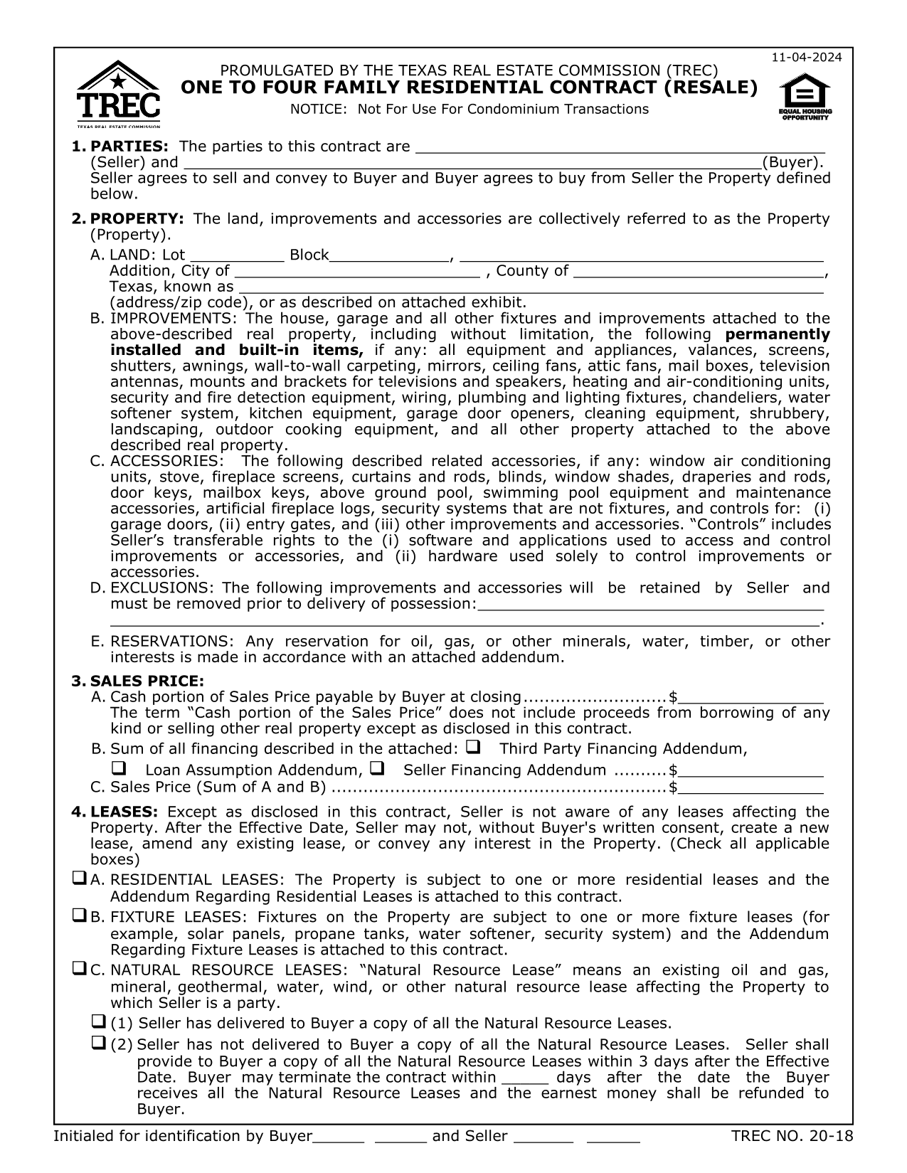 One To Four Family Residential Contract (Resale) (TREC 20 18) screenshot