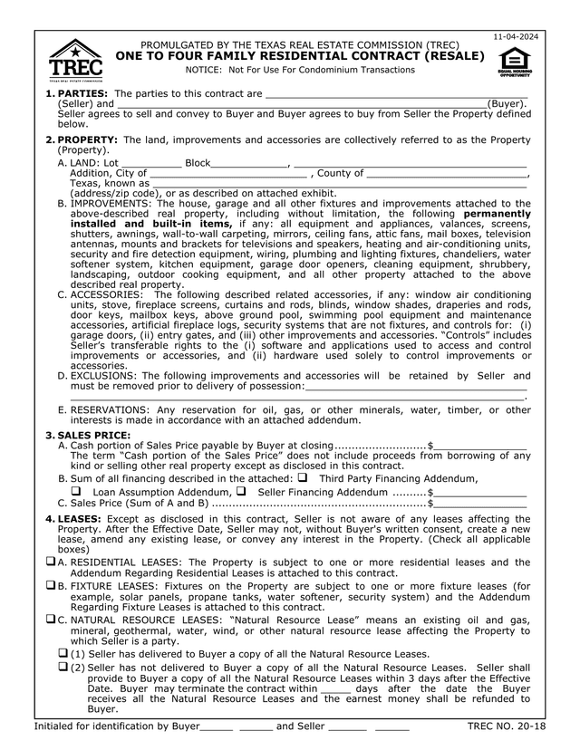 One To Four Family Residential Contract (Resale) (TREC 20 18) screenshot