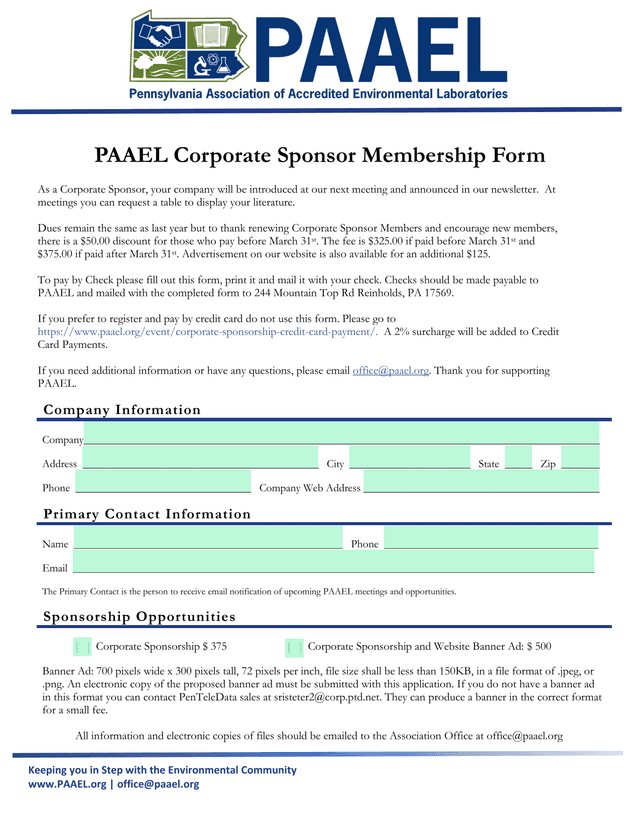 PAAEL Corporate Sponsor Membership Form screenshot