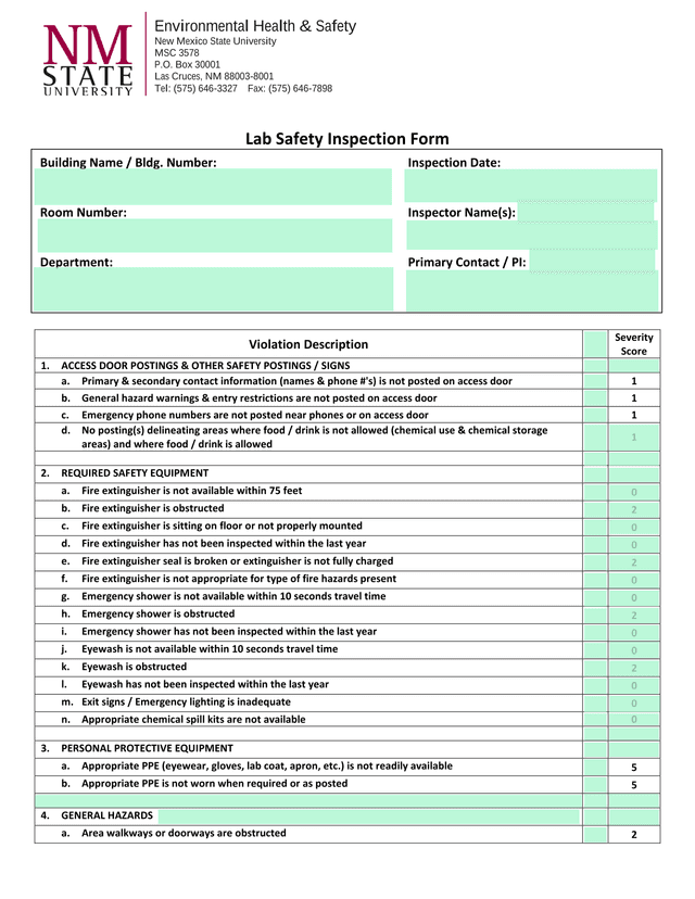 Lab Safety Inspection Form screenshot