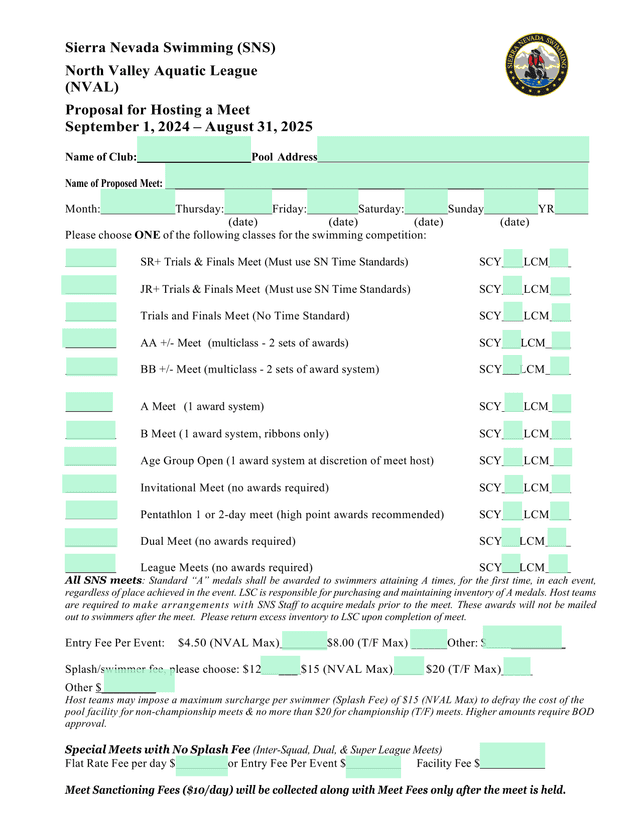 Sierra Nevada Swimming (SNS) North Valley Aquatic League (NVAL) Proposal For Hosting A Meet screenshot