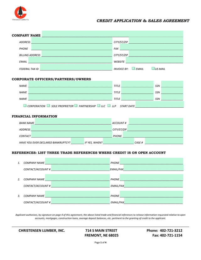 CREDIT APPLICATION  SALES AGREEMENT screenshot