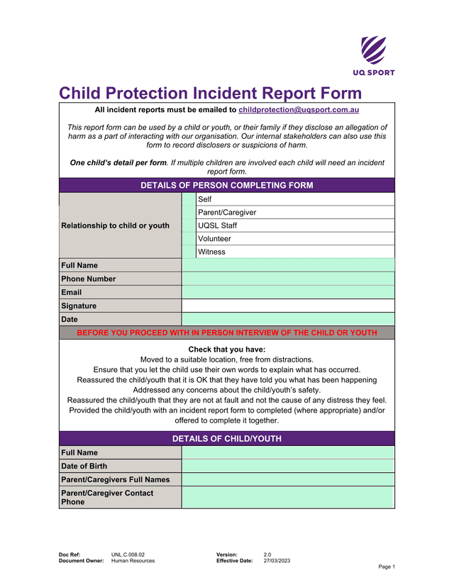 Child Protection Incident Report Form screenshot