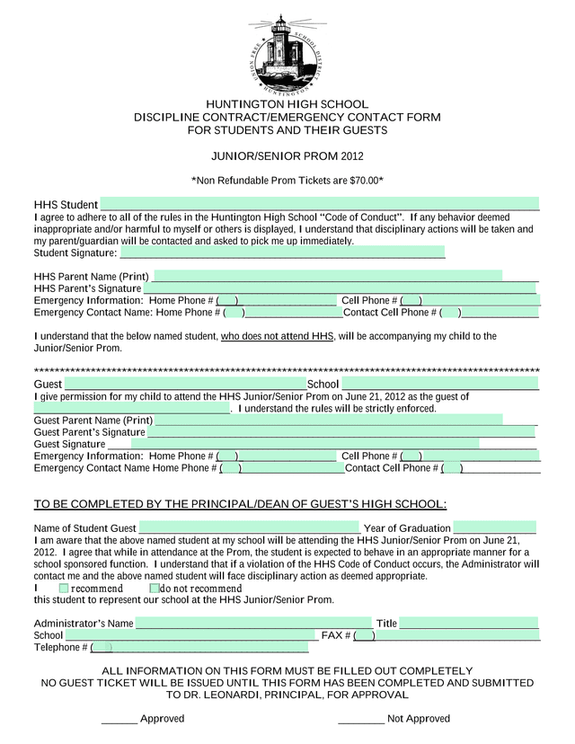Huntington High School Discipline ContractEmergency Contact Form For JuniorSenior Prom screenshot